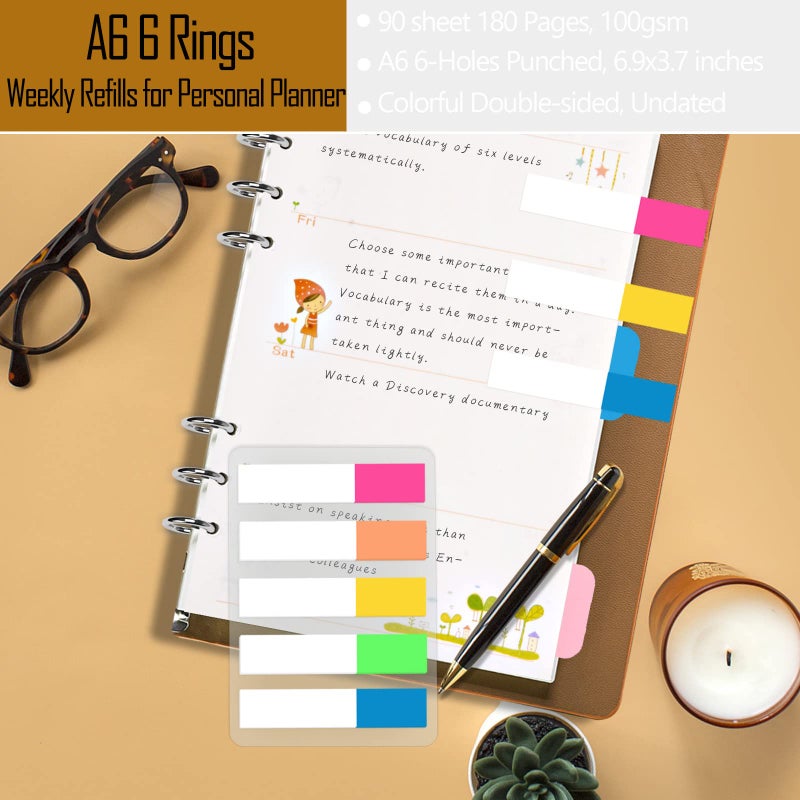 Rancco A6 Planner Inserts Weekly Planner Refills  90 Pages Colorful 6-Ring Loose-leaf Paper Binder Inserts w/Divider  PVC Pouch  Ruler  Index Tab for Journal  Filofax  Double-sided  Undated  6.9x3.7"" - Image 4